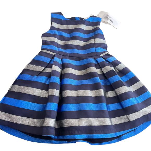 FunFun Girls Holiday Dressy Dress Navy Blue Silver Satiny Stripe Sleeveless NWT - Picture 1 of 8